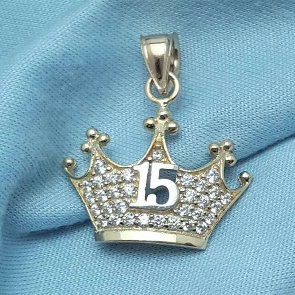14K Multi Tone Two Tone Cubic Zirconias Quinceanera Tiara Crown 15 Pendant Charm